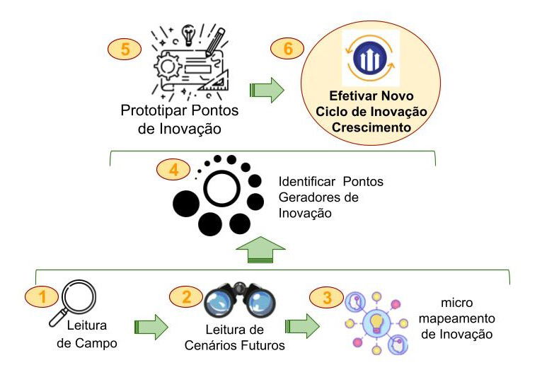 Ciclo do co-design: leitura de campo, cenários futuros, micromapeamento, pontos geradores, protótipos e novo ciclo